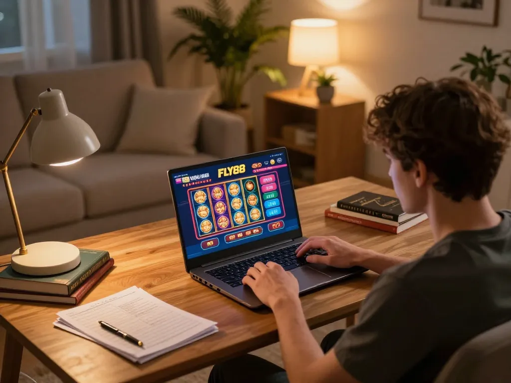 Person enjoying FLY88 online gaming experience at home, engaged with competitive slots and poker games.