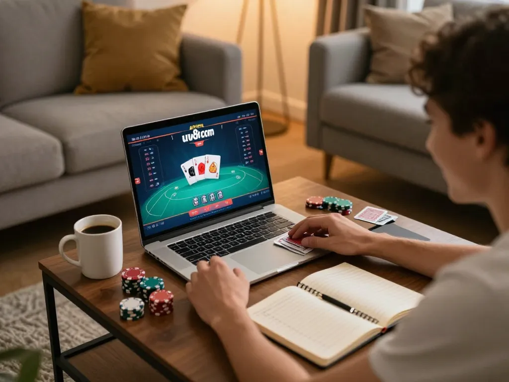 Engaged player strategizing poker on uu88 com in a cozy home setting.