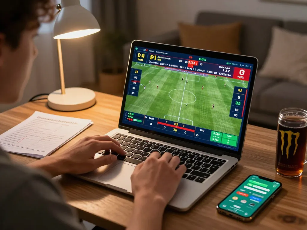 Player engaging in live sports betting on vu88 during an exciting soccer match with odds displayed.