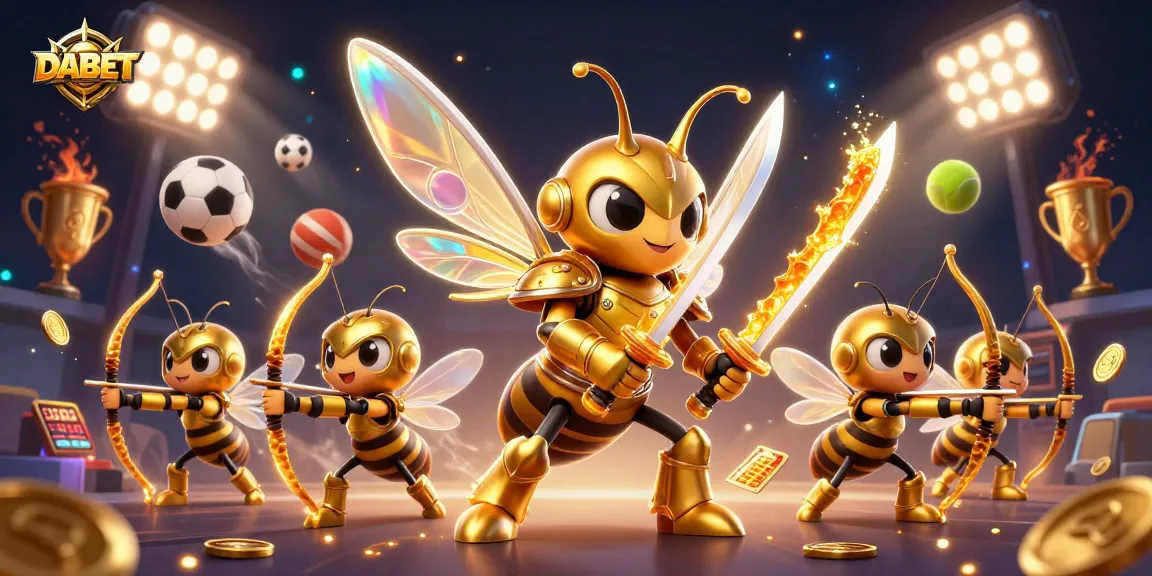 DABET brings excitement with a golden samurai bee and sports elements in a dynamic casino scene.