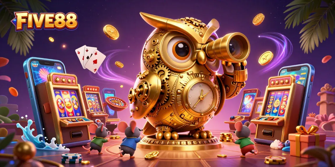 Experience the vibrant excitement of FIVE88 in this dynamic casino illustration featuring a golden owl and lively game elements.
