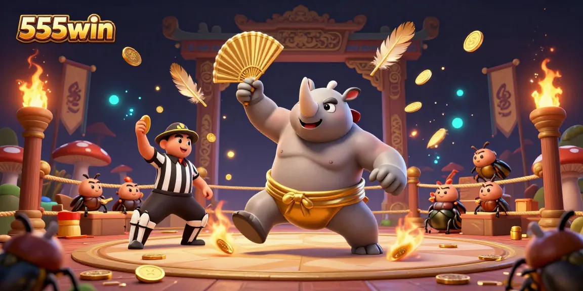 Join the action at 555win with a sumo beetle champion and a cricket referee in a vibrant gambling arena.
