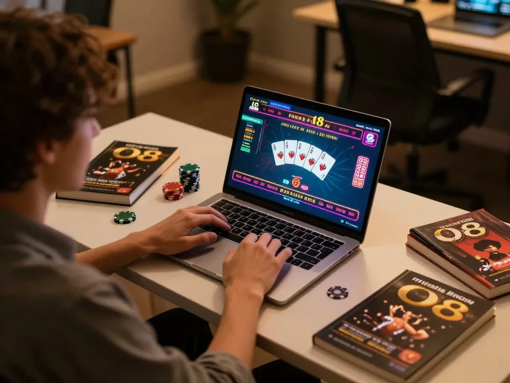 Person engaging with O8 online gambling, focused on poker game interface in a cozy setup.