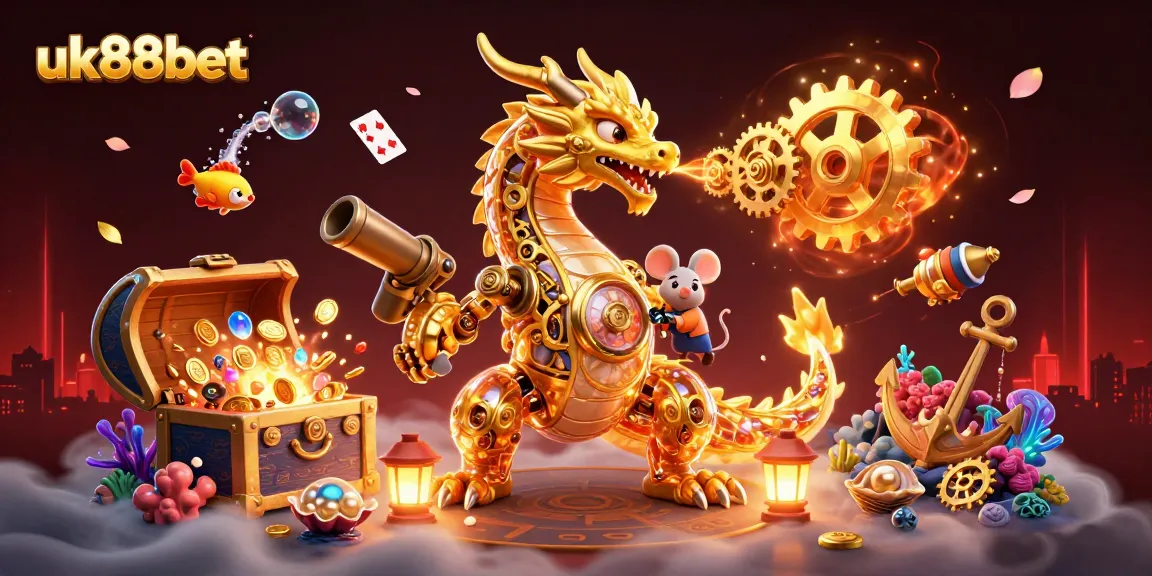 Join the thrills of uk88bet where a golden dragon guards treasures among floating cards in a vibrant, magical casino.