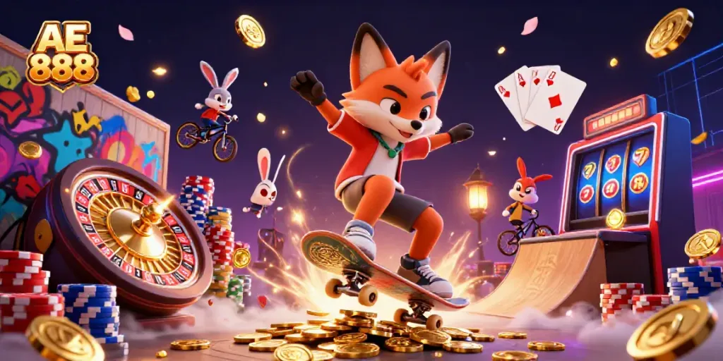 Experience AE 888 with a dynamic 3D illustration of casino-themed characters amidst vibrant gaming elements.