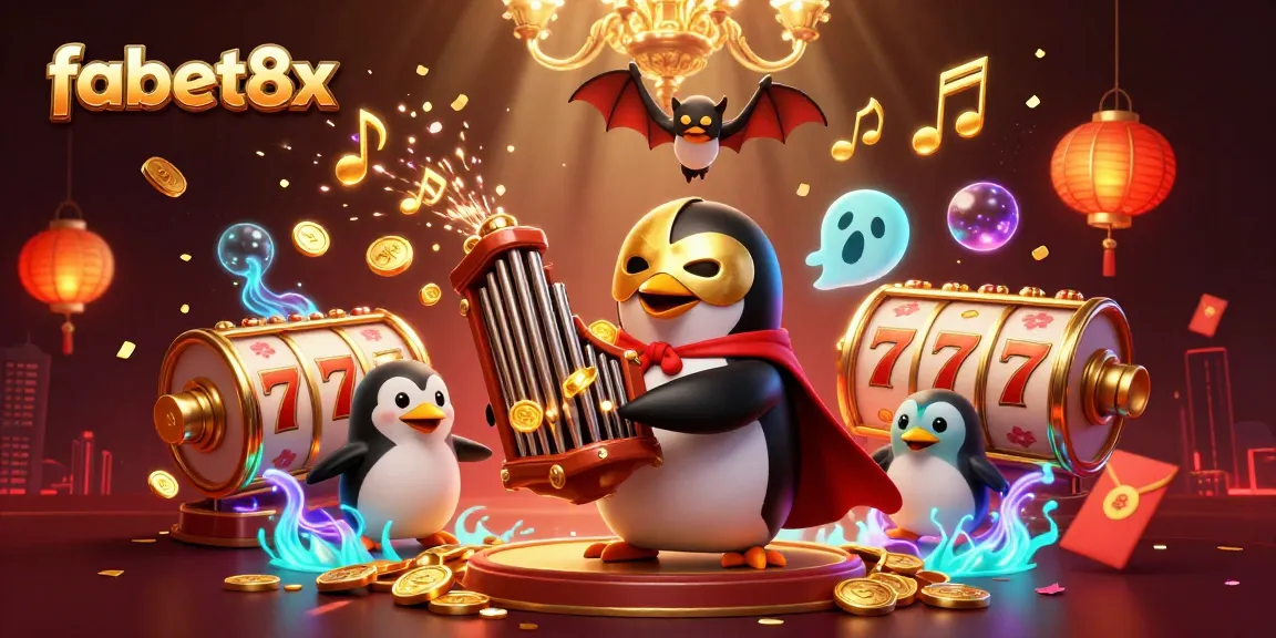 Play and win at fabet8x with a colorful scene featuring an animated penguin, slot reels, and celebratory elements.