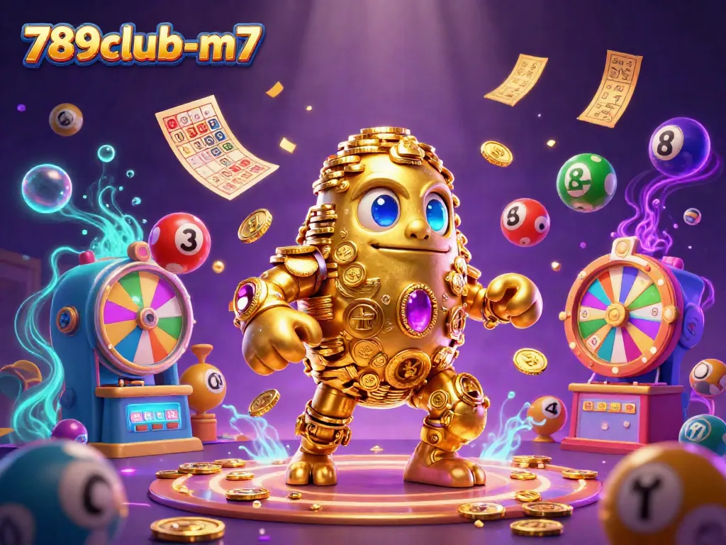 Win big at 789club-m7 with a vibrant 3D illustration of a golden golem and lottery balls!