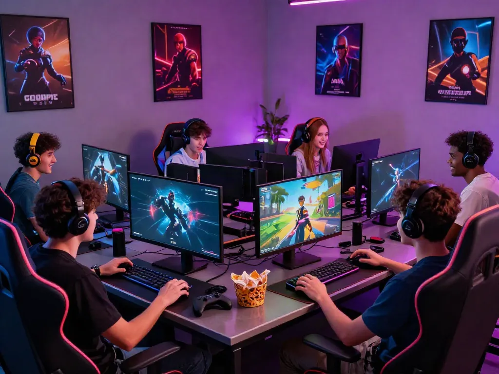Friends enjoying a thrilling gaming session in a lively 78win lounge.