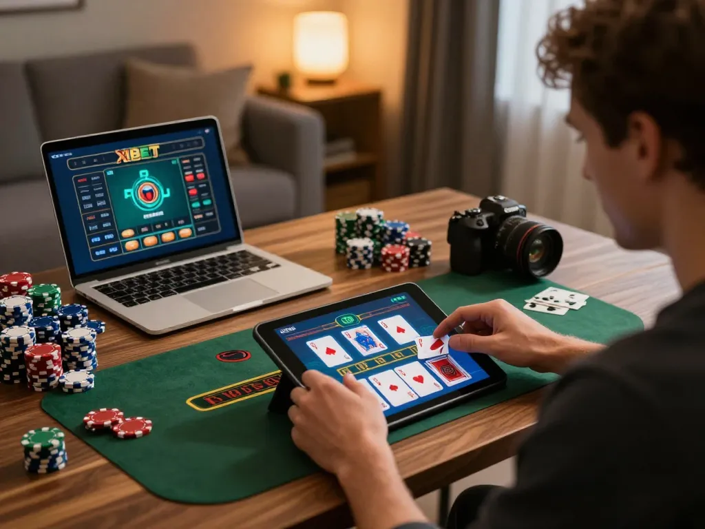 Player using XIBET app for blackjack in modern home office setting, focused on strategic gameplay.