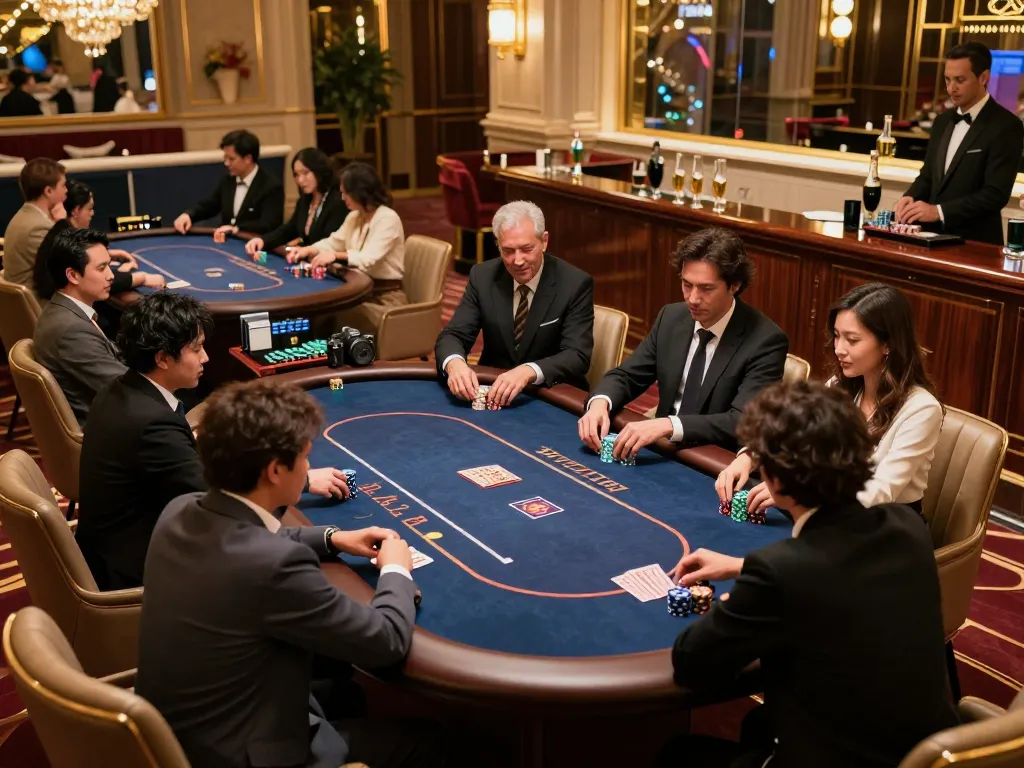 Players in a high-stakes game at an RR99 vip poker table in a luxurious casino.