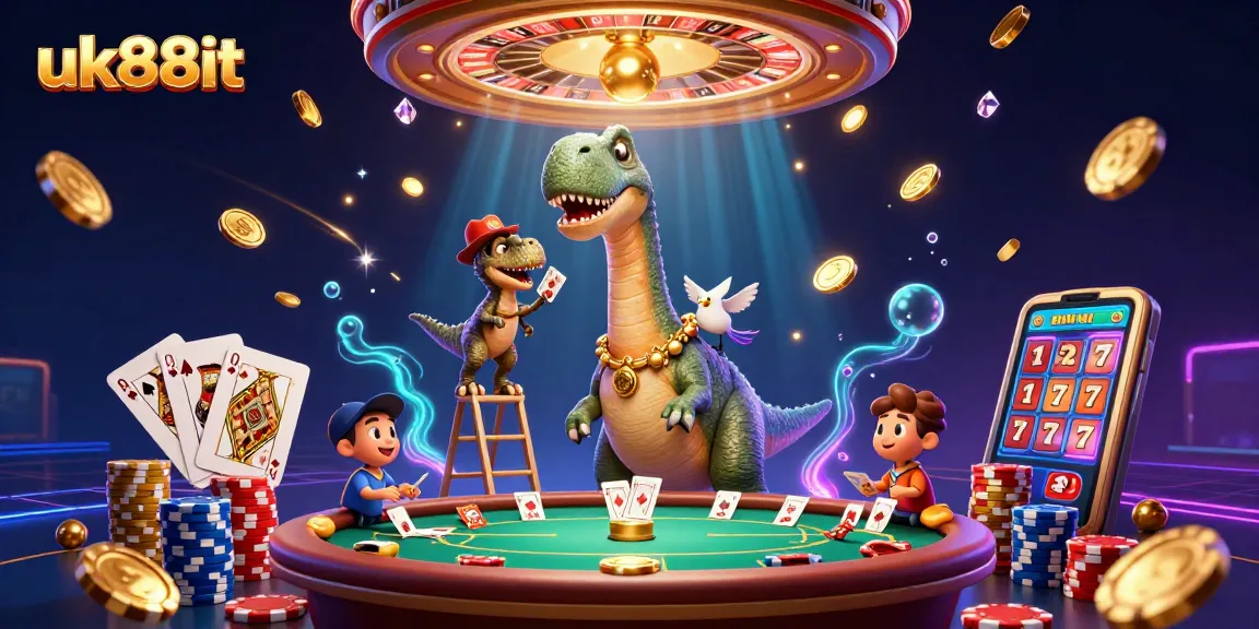 Experience the excitement of uk88it with vibrant 3D casino illustrations featuring dynamic gambling elements.