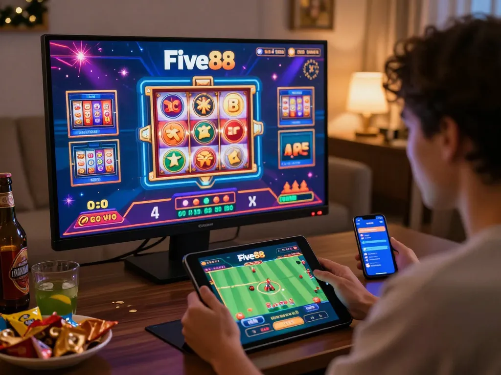 Interactive Five88 online gambling scene showcasing virtual casino games in a cozy home environment.