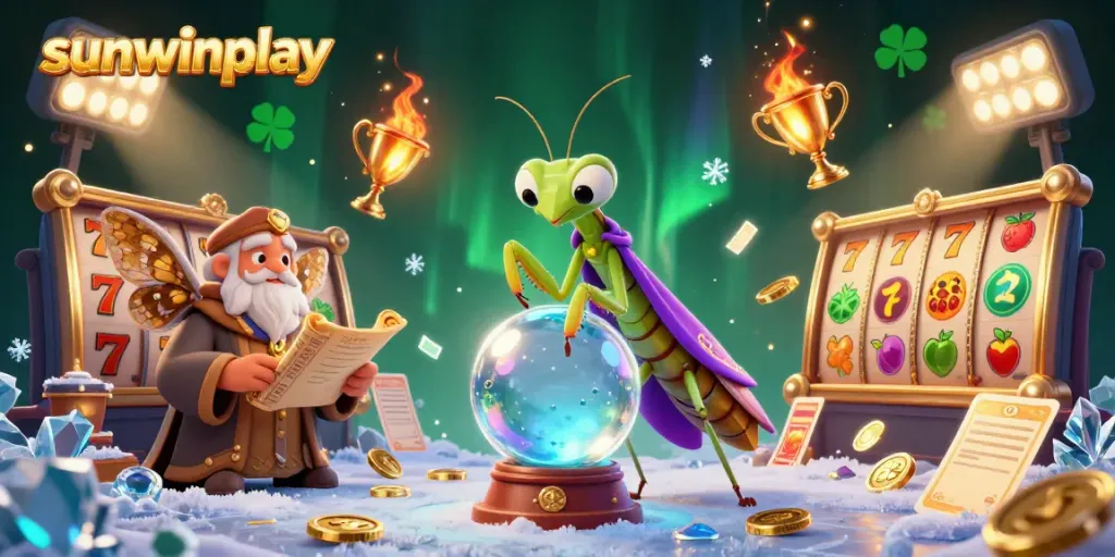 Experience the thrill of gaming with sunwinplay's enchanting illustrated scene filled with dynamic slot reels and vibrant characters.