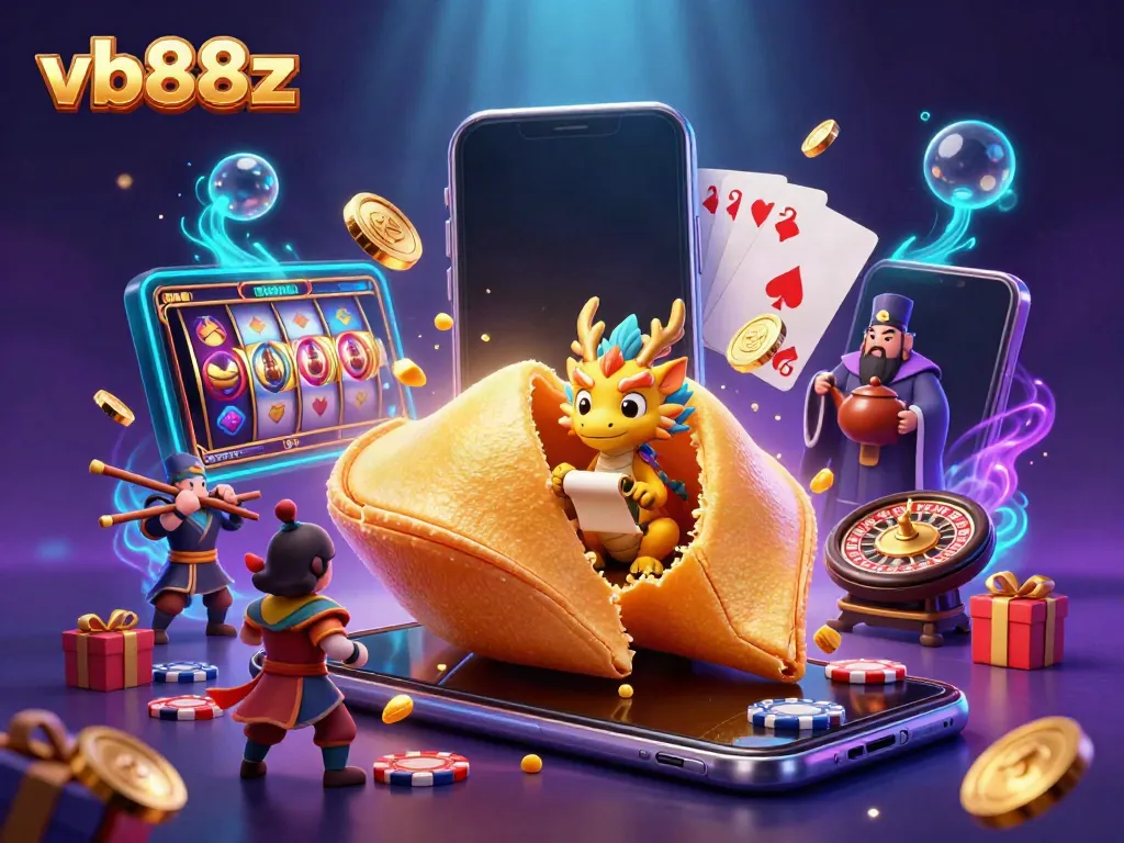 Experience thrilling gameplay with vb88z's dynamic casino scene featuring spinning reels and a treasure-filled fortune cookie.