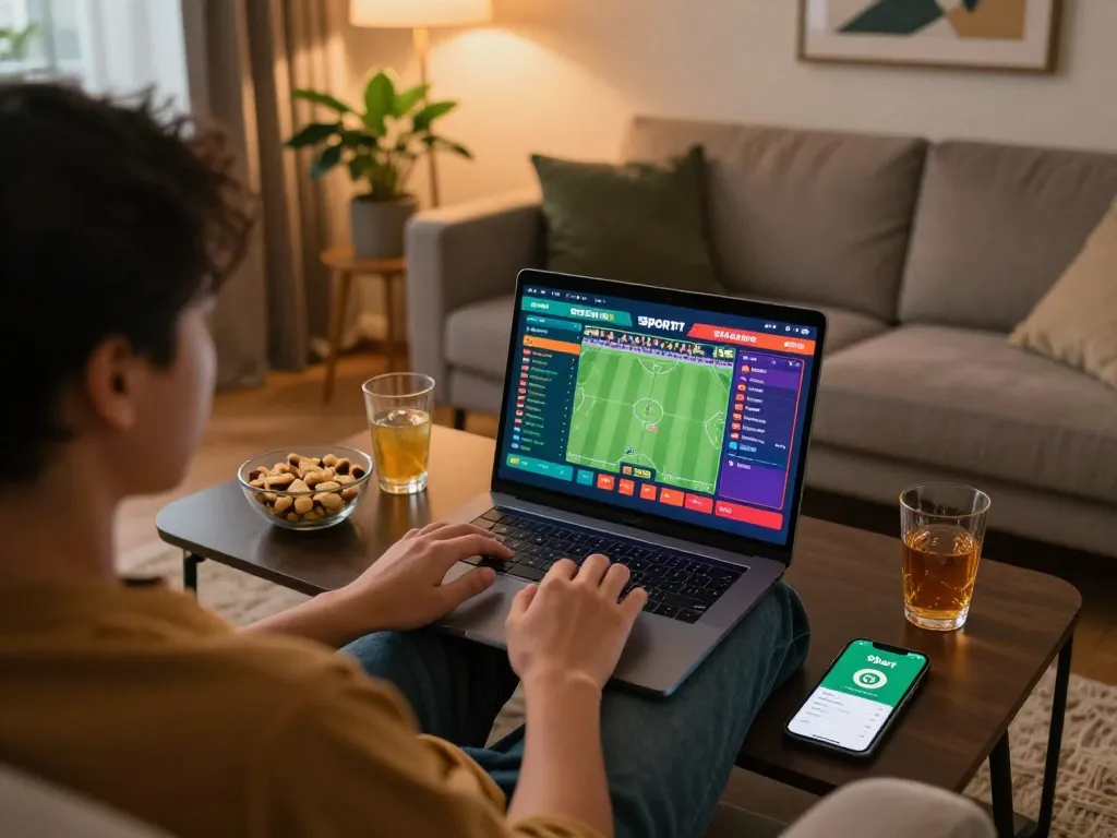 Person engaged in sports betting on 9bet from home setup, showcasing laptop and betting interface