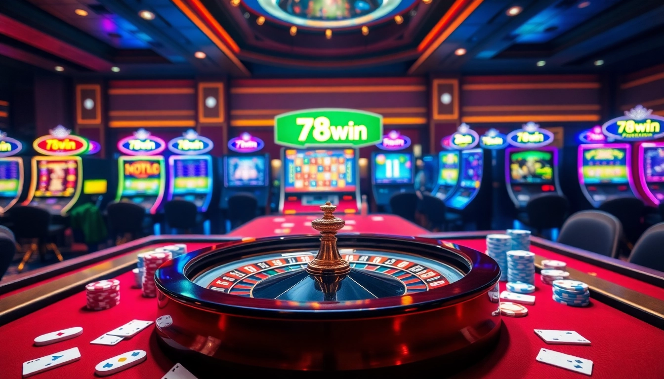 Experience the excitement at 78Win with vibrant casino visuals showcasing slot machines and poker action.