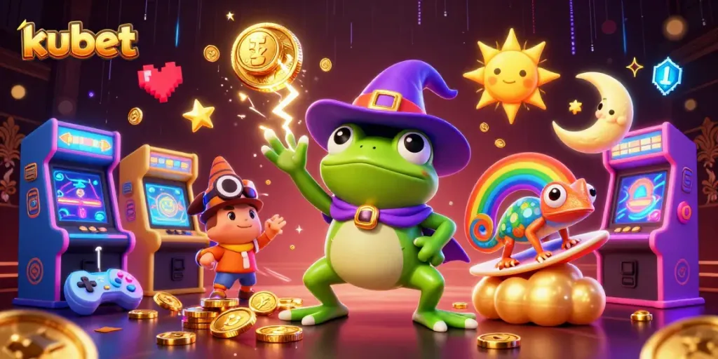 Experience thrilling gaming action with kubet's vibrant 3D casino scene featuring golden coins and character interactions.