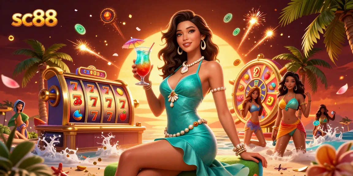 Engage with sc88's vibrant casino atmosphere under a sunset, showcasing a glamorous beach scene filled with game excitement.