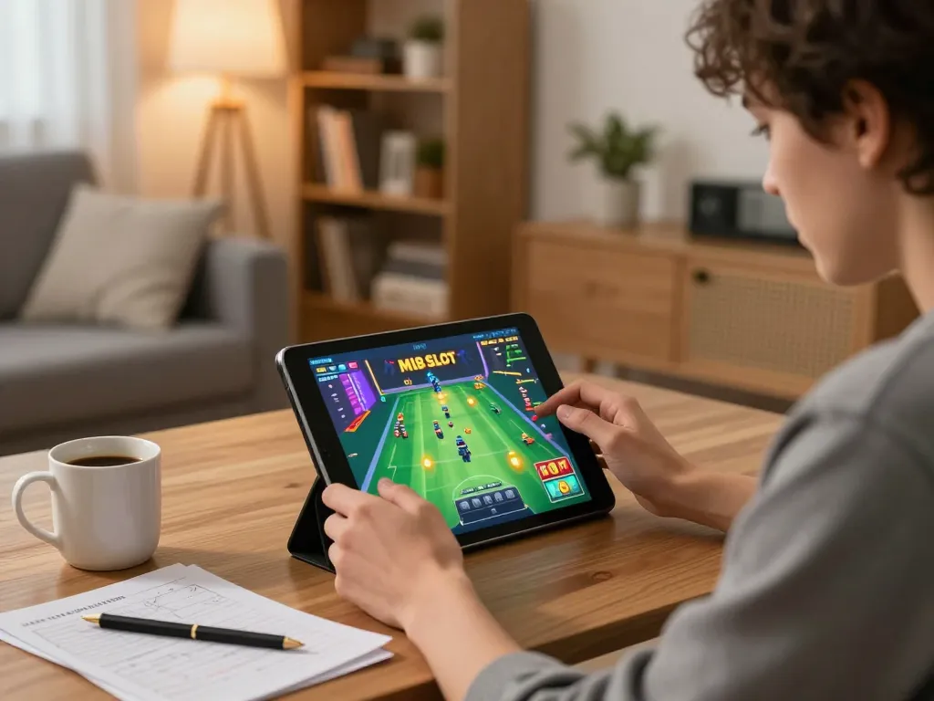 Engaging in MI88 SLOT gameplay on tablet in a cozy home setting, reflecting a dynamic online gambling experience.