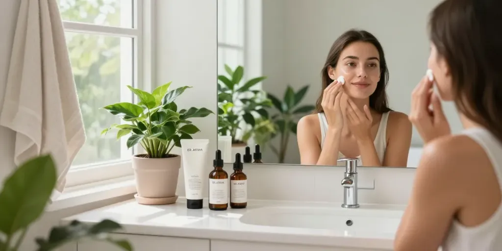 Dr Althea verzorgingsproducten in moderne badkamer met vrouw die serum aanbrengt
