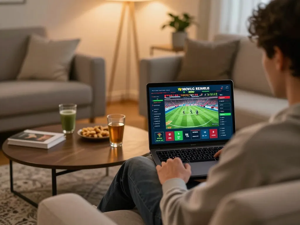 11win user placing bets on sports app during cozy home gaming session.