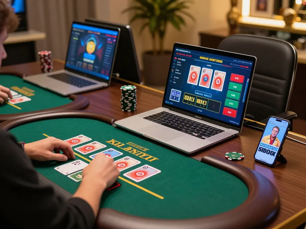 Player strategizing in ga888n live dealer game setup with multiple screens in a stylish atmosphere