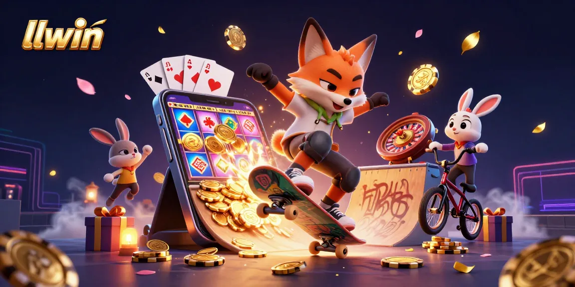 llwin showcases a vibrant scene with a skateboarder fox and BMX rabbit amidst casino symbols.