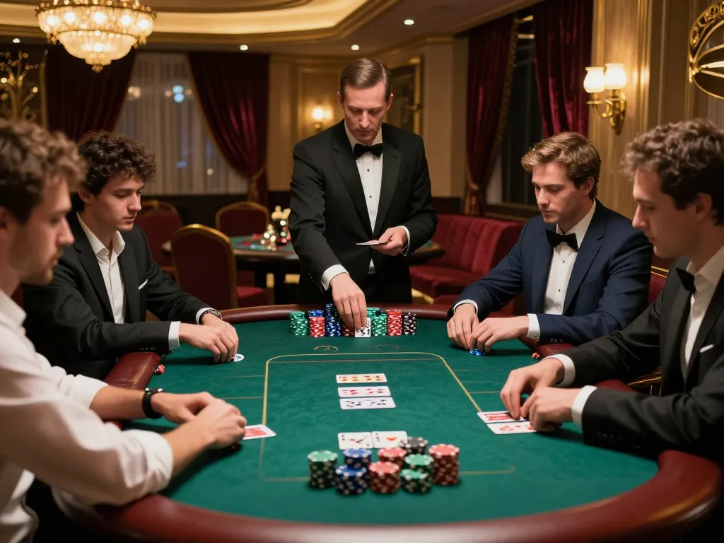 Players in an upscale casino showcase engaging strategies at tx88 poker table with stacks of chips.