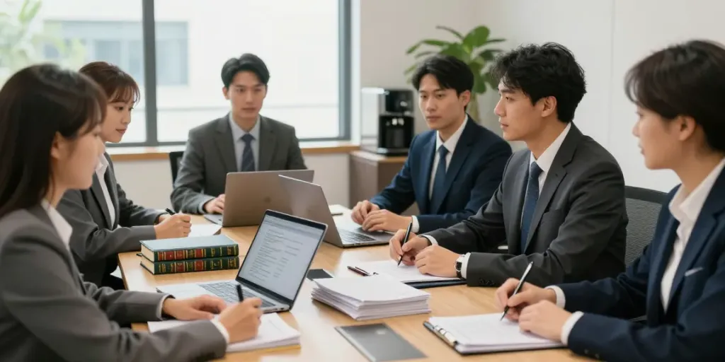 Lawyers collaborating on a case strategy at https://f168.law/ in a modern office environment.