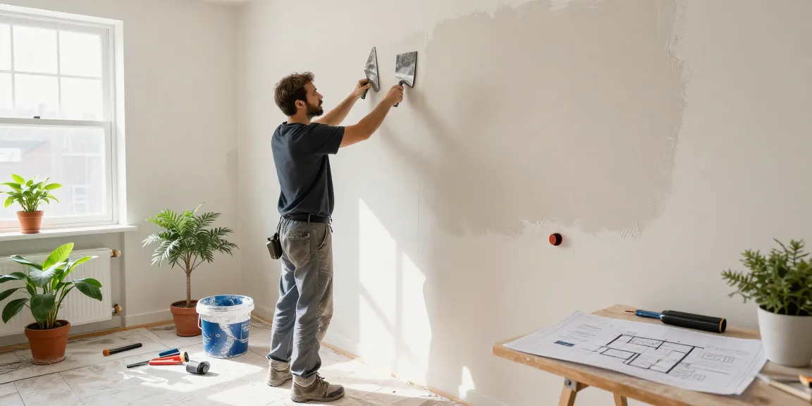 Expert stukadoor die stucwerk aanbrengt in een lichte woninginterieur.