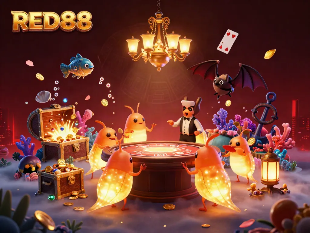 Experience the excitement at RED88 casino with glowworms lighting up the card tables in a vibrant gaming atmosphere.