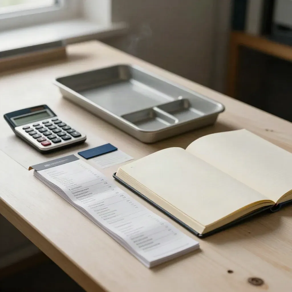 Boekhoudset met bonnenhoezen, calculator en open notebook op een werkbank