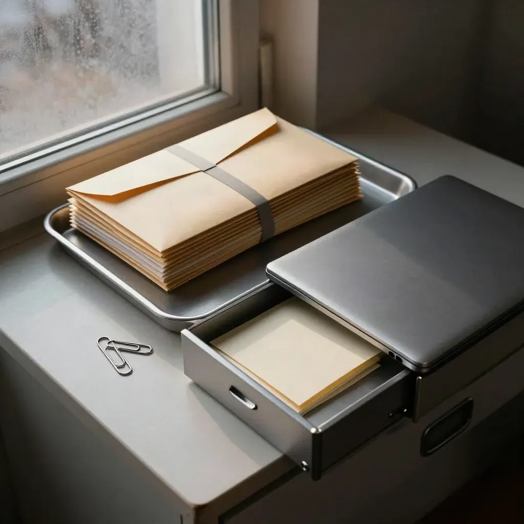 Payrollstation met enveloppen, laptop en papierlade bij een beslagen winterraam.