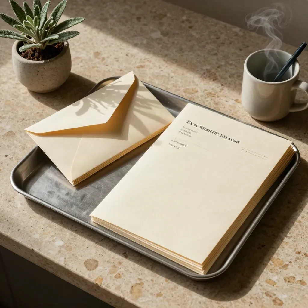 Bovenaanzicht van een btw-verzendtray met enveloppen, mappen, plantenpot en pennenbak.