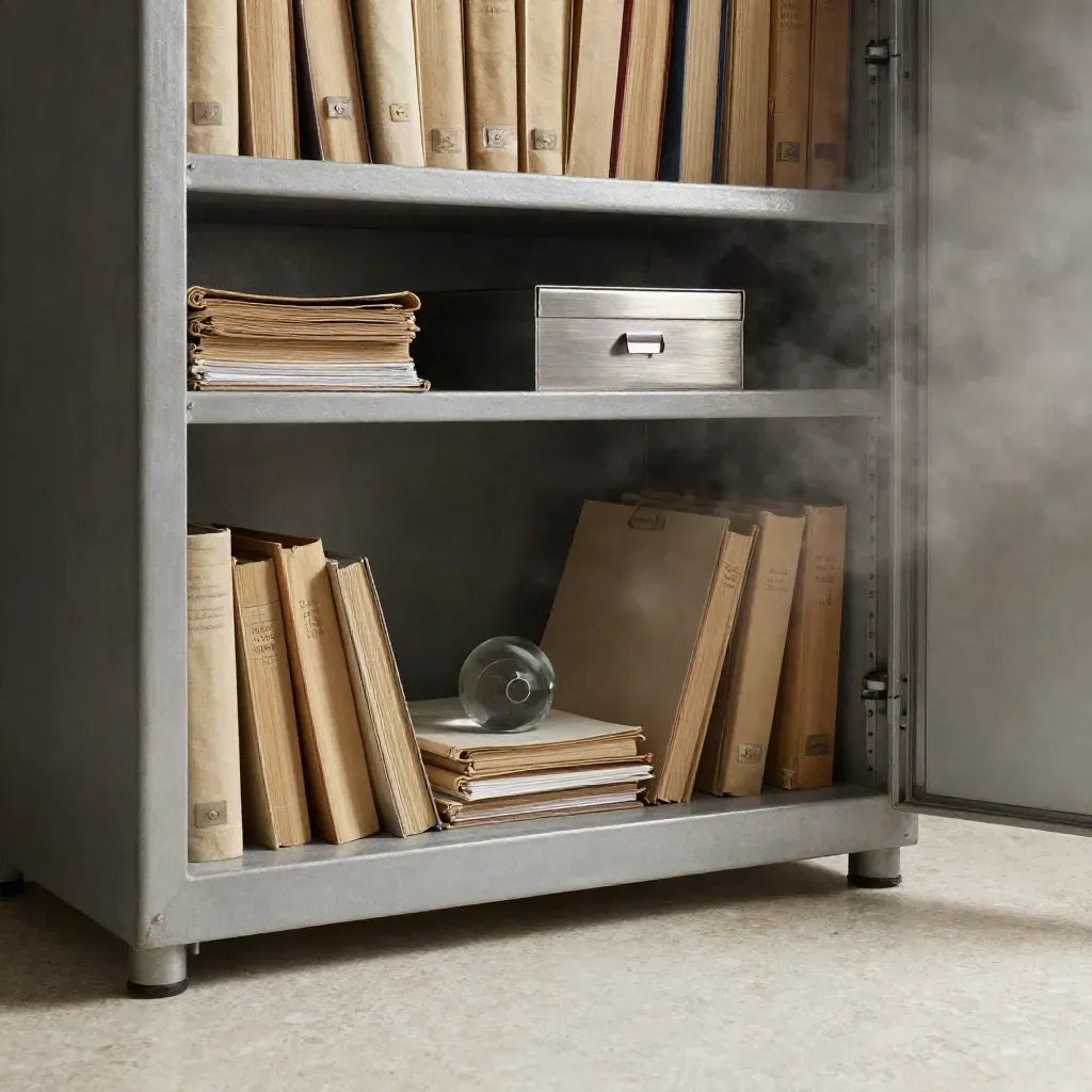Open archiefkast met jaarmap, dossiers, indexbak en paperweight in mistig ochtendlicht.
