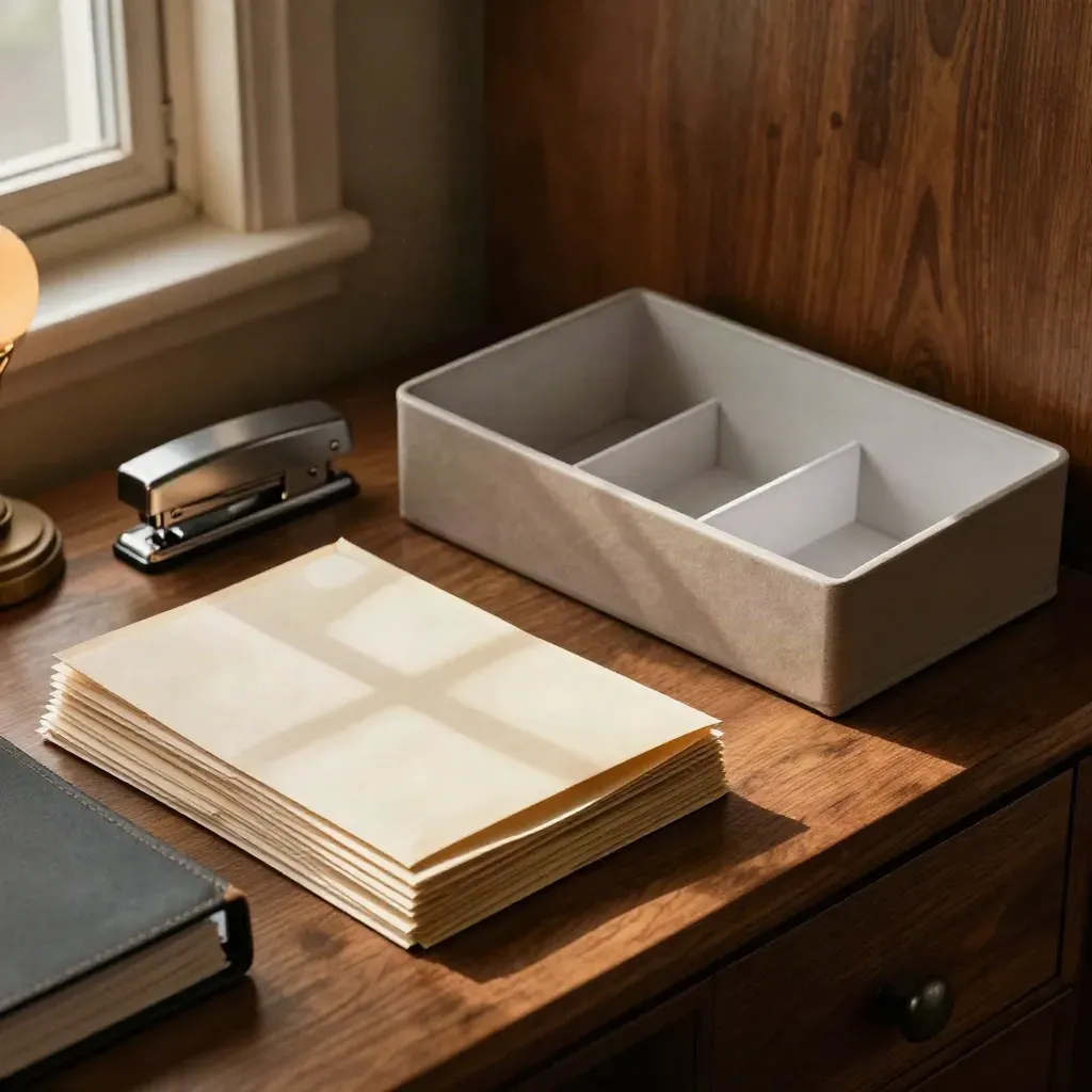 Payrollhoek met enveloppen, ringband, nietmachine en documenttray in warm middaglicht.
