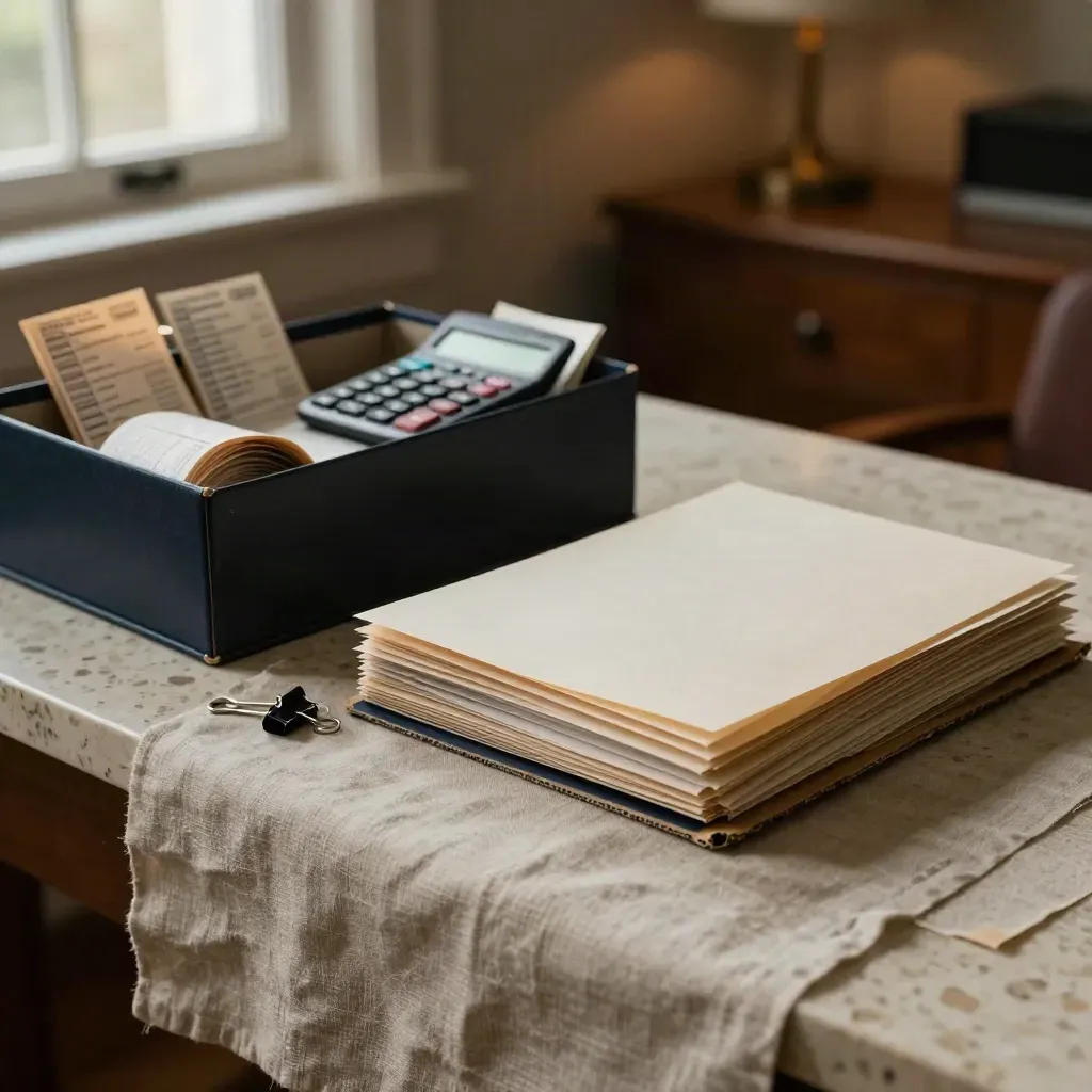 Bonnetjes worden gesorteerd naast calculator en map op een linnen kleed in warm namiddaglicht.