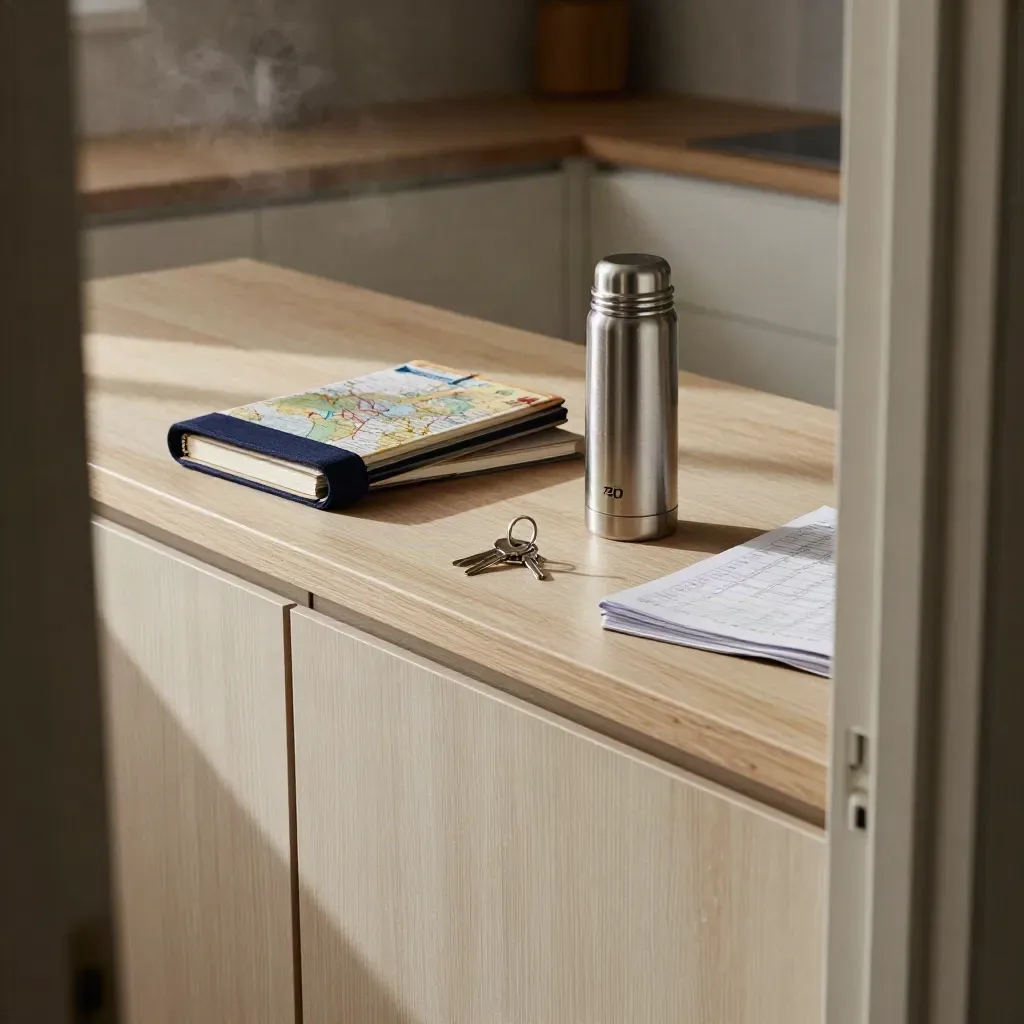 Keukenkastje met sleutelbos, thermos en adminmap in frisse ochtendlucht