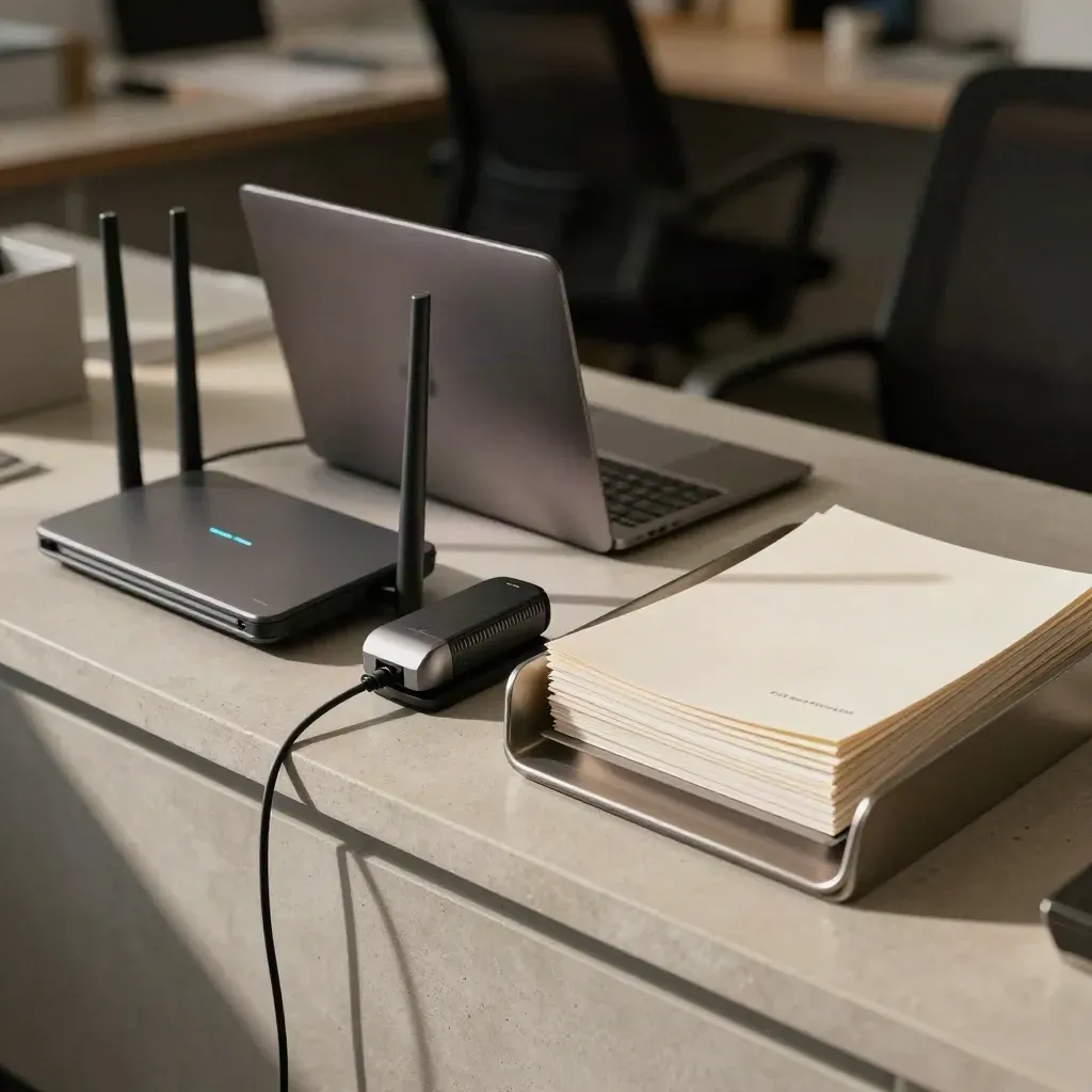 Bankkoppeling-opstelling met router, gesloten laptop, paslezer en documenttray in koel kantoorlicht.