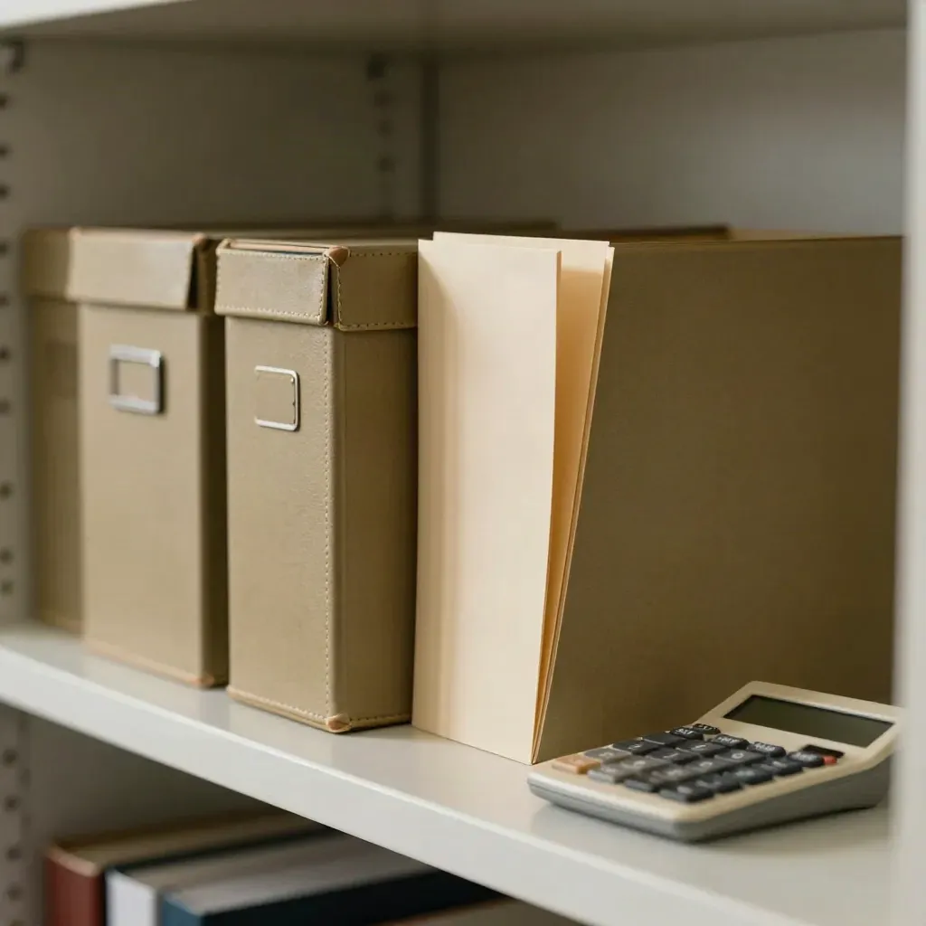 Archiefdozen, map en calculator op een stille kantoorplank in zachte middagnevel.