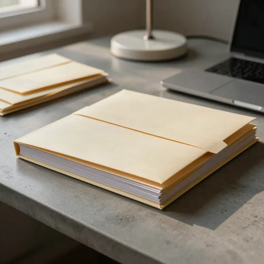 Payrollmap, enveloppen, gesloten laptop en bureaulamp in warm avondlicht op tafel