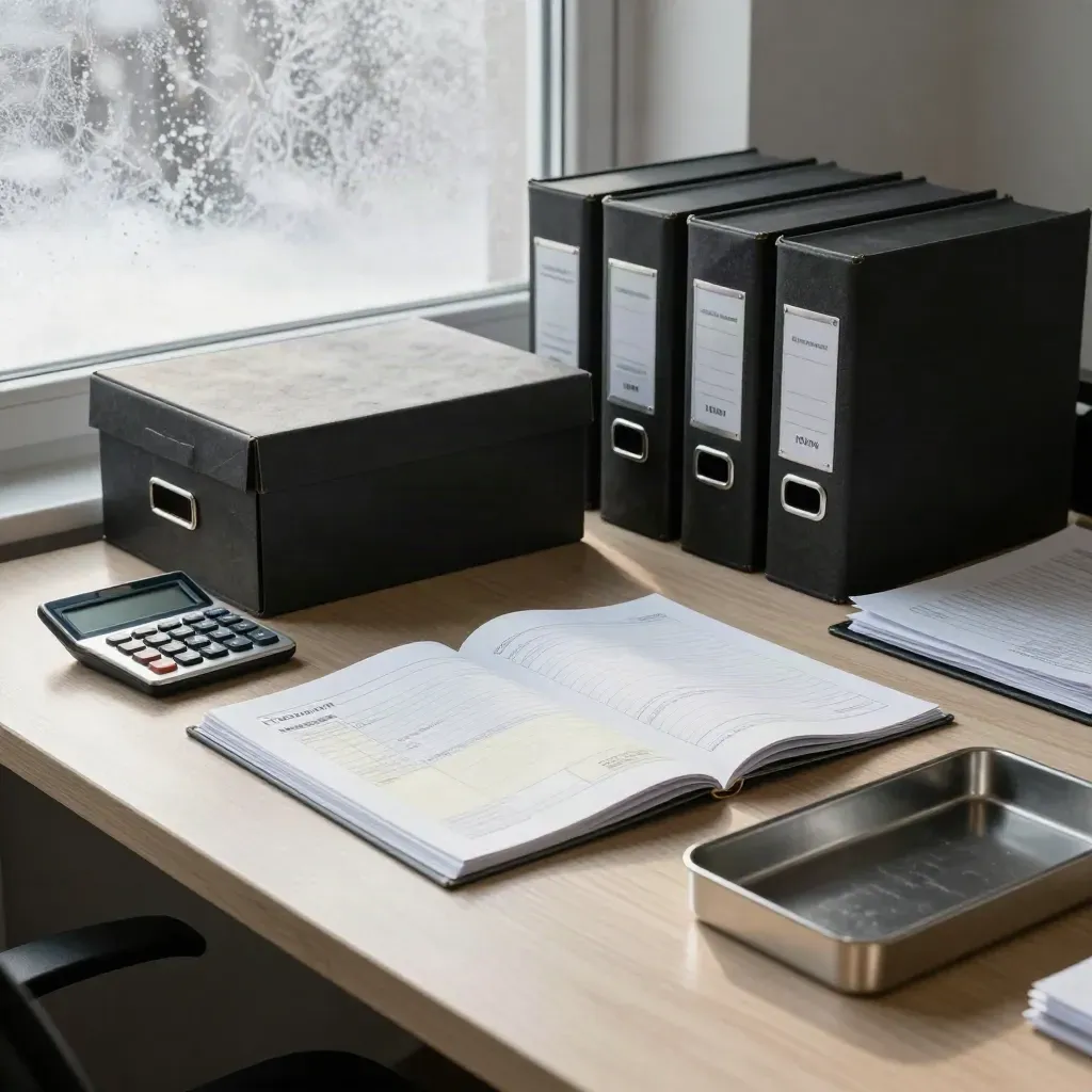Januari-afsluittafel met archiefdozen, jaarmap en calculator voor een beslagen raam.