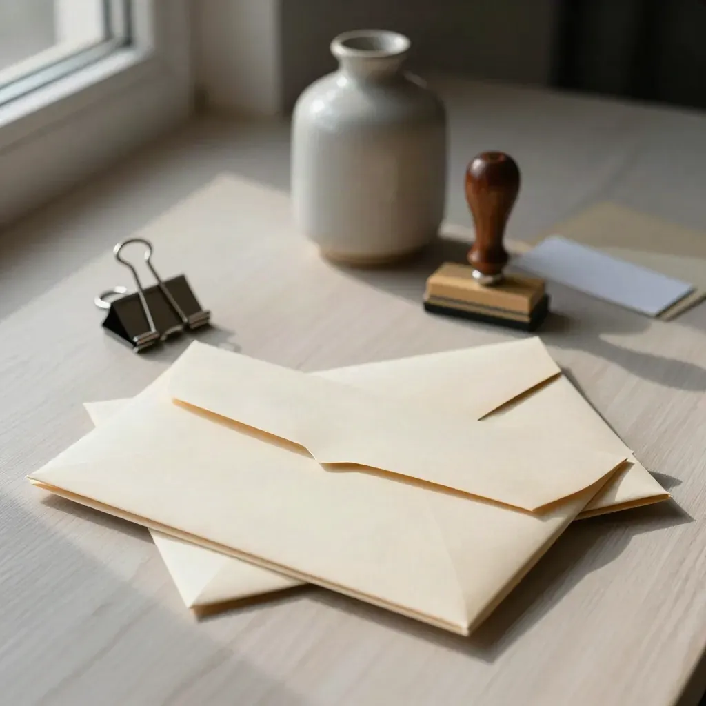 Bundel loon-enveloppen, papercliphouder, stempel en vaas op licht hout met zacht ochtendlicht.