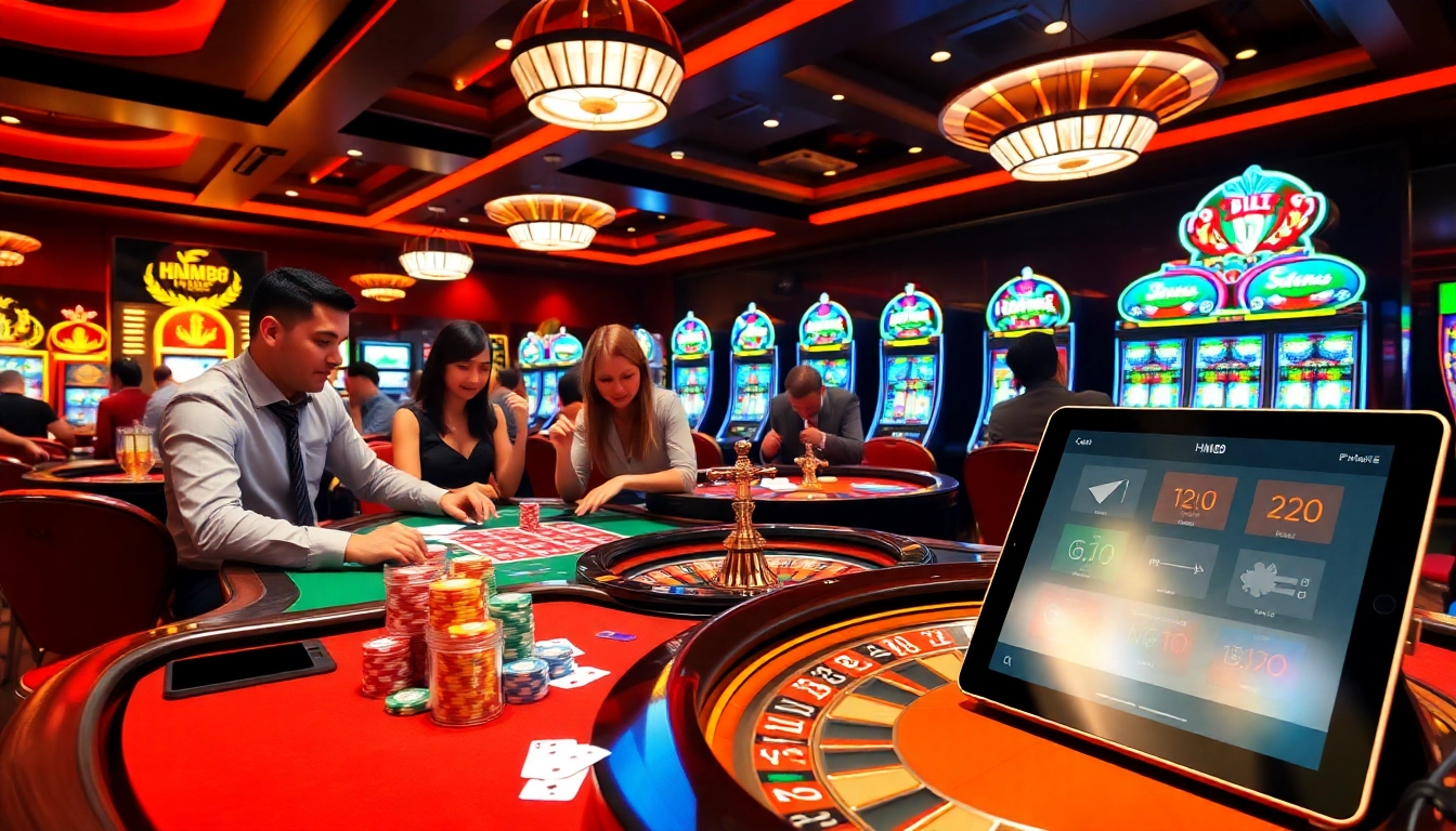 Experience the thrill of gambling at HM88 with a vibrant casino scene featuring professional dealers and gaming tables.