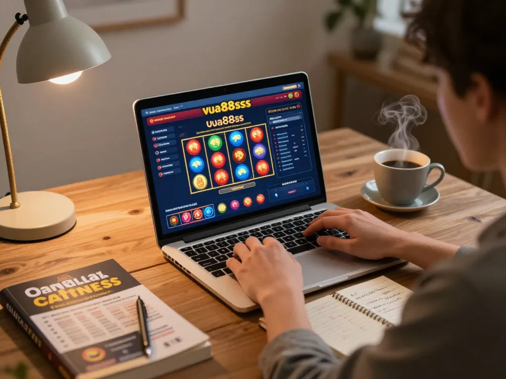 Engaging in online gambling at vua88sss with a laptop and strategy notes in a cozy home setting.