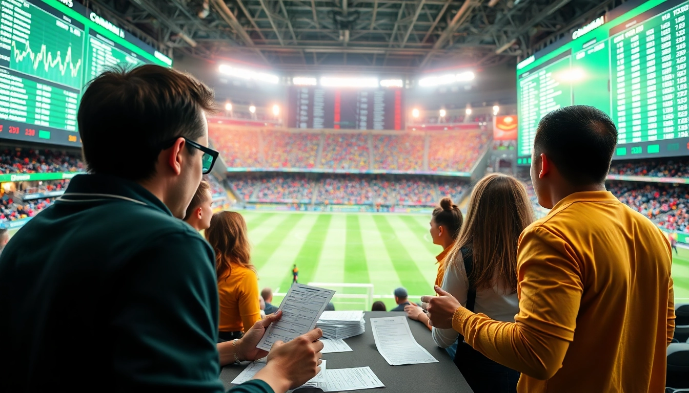 Fans engaging in a lively discussion about keonhacai betting odds in a vibrant football setting.