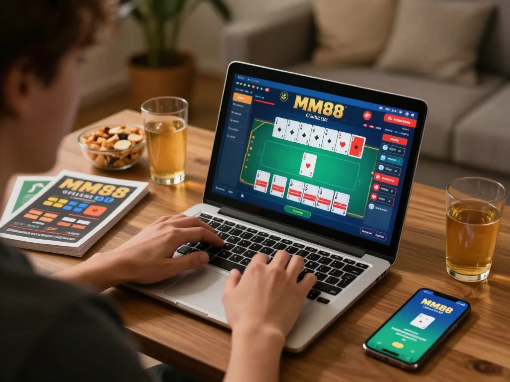 Engaging player enjoying MM88 online poker game on laptop at home with strategies