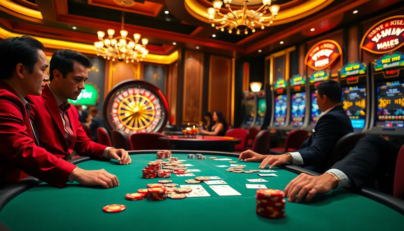 Gamblers enjoying a thrilling experience at an Iwin68 casino table with vibrant graphics and luxury elements.