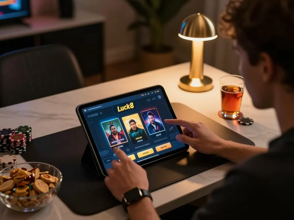 Experience immersive gameplay with Luck8 on a tablet during a cozy home gaming session