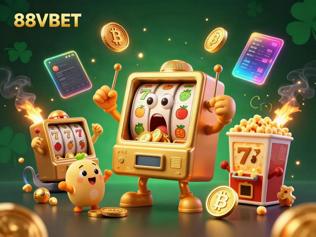 88VBET slot machine surprises players with a jackpot as coins spill, surrounded by cheering baby machines.